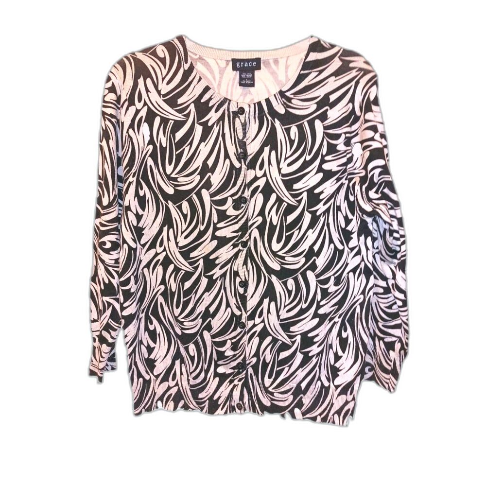 Grace Beige and Black Silk Blend Cardigan Sweater Size L Careercore Classic Luxe